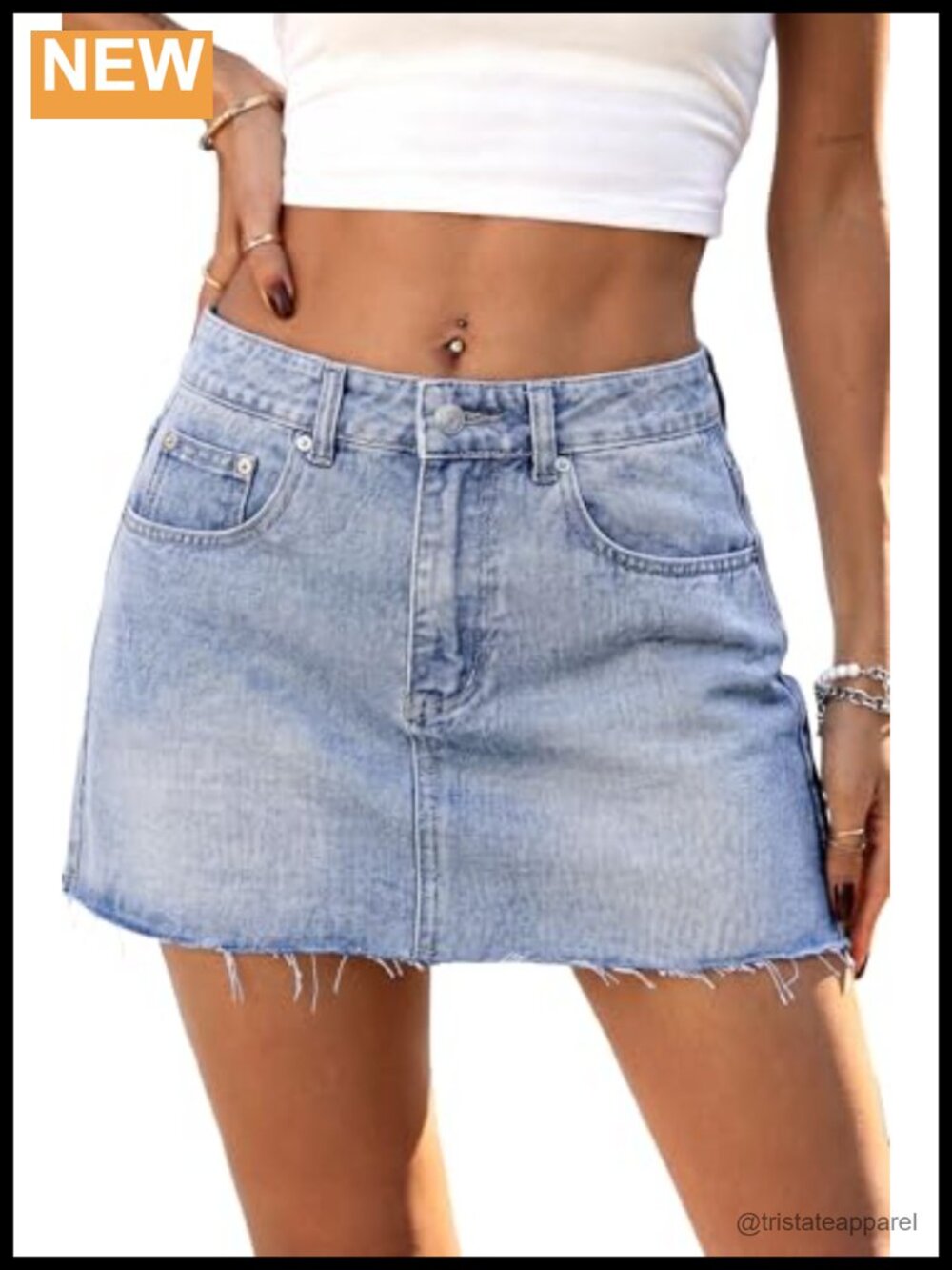 Mini Denim Skirt Low Rise Stretchy Raw Hem Jean Skirt with Pockets